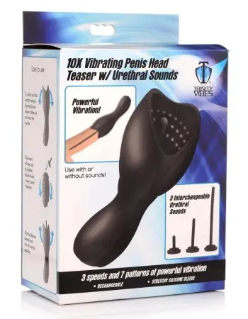 10x Vibrating Penis Head Teaser With Urethral Sounds - Black