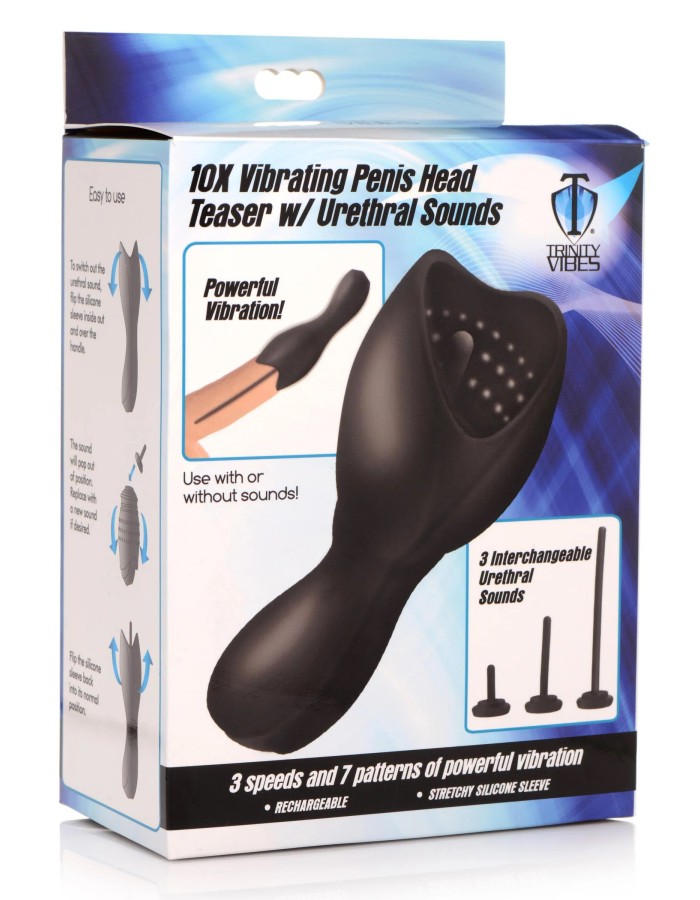 10x Vibrating Penis Head Teaser With Urethral Sounds - Black