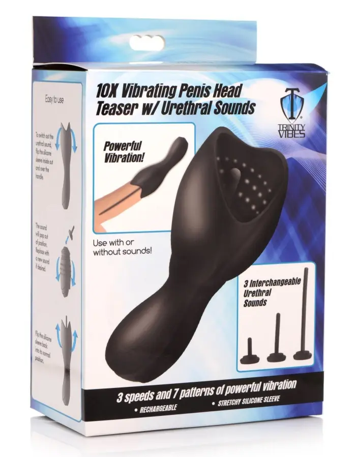 10x Vibrating Penis Head Teaser With Urethral Sounds - Black