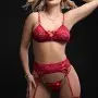 4 Pc Lace Up Bra With Garter Belt and Thong Set -  One Size - Red