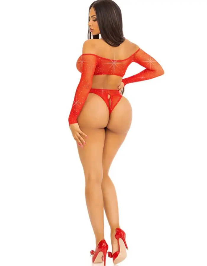 Say My Name Rhinestone Crotchless Teddy - One Size - Red