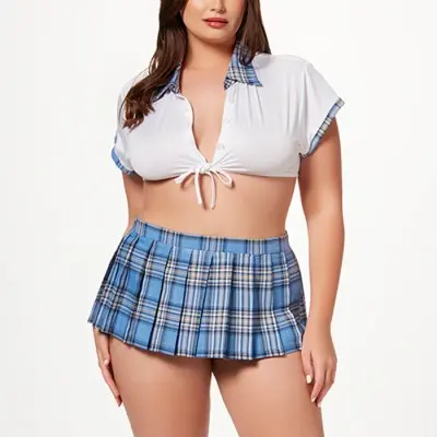 3 Pc School Girl Costumes With Top a Skirt and Matching Thong Panty - Queen Size - Blue