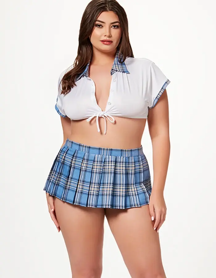 3 Pc School Girl Costumes With Top a Skirt and Matching Thong Panty - Queen Size - Blue