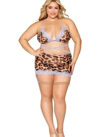 Leopard Bralette With Garter Skirt and G-String - Queen Size - Leopard