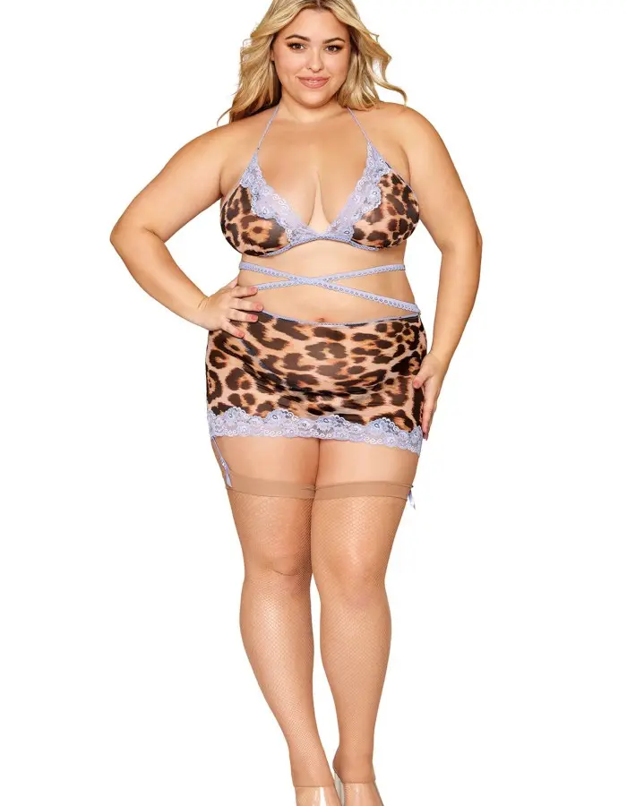 Leopard Bralette With Garter Skirt and G-String - Queen Size - Leopard