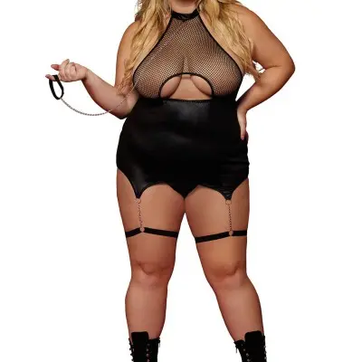 Garter Slip and Leash - Queen Size - Black