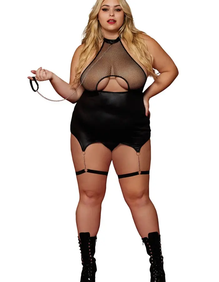 Garter Slip and Leash - Queen Size - Black