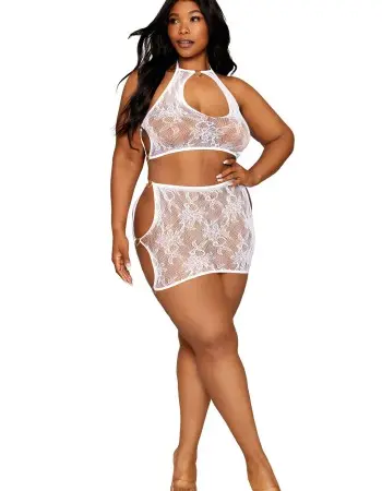 Lace Bralette and Mini Skirt Set - Queen Size - White