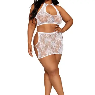Lace Bralette and Mini Skirt Set - Queen Size - White