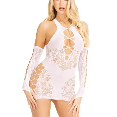 2 Pc Lace Racer Back Mini Dress and Gloves - One Size - White
