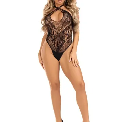 Lace Thong Back Teddy With Strappy Back - One Size - Black