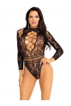 Lace and Neck Keyhole Back Bodysuit - One Size -  Black