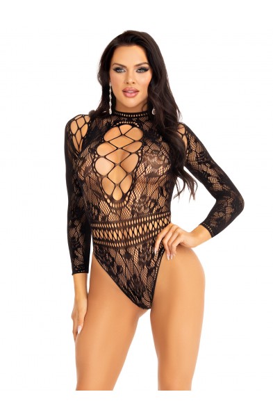 Lace and Neck Keyhole Back Bodysuit - One Size -  Black