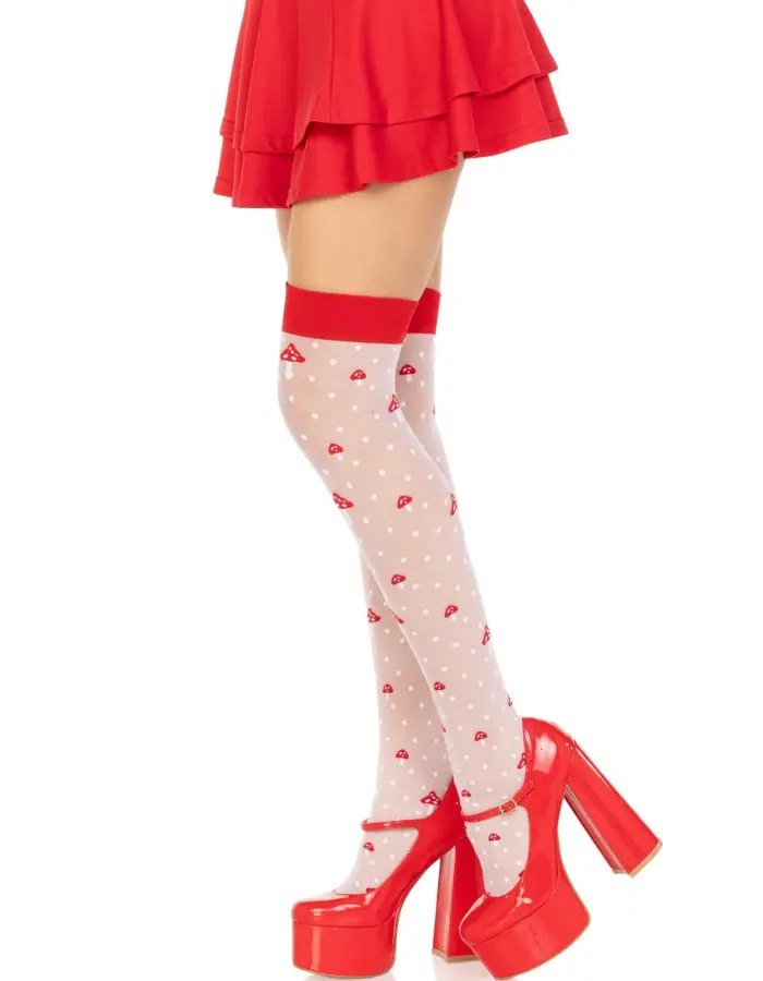 Polka Dot Mushroom Thigh High - One Size - White/red