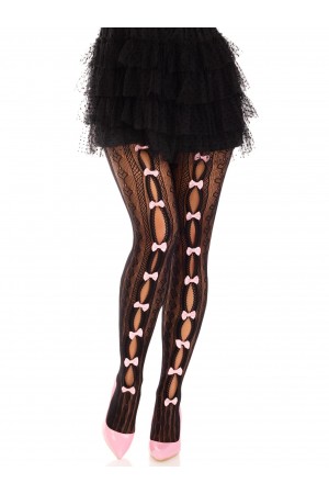 Sweetheart Striped Net Tights With Keyhole and  Mini Bow Detail - One Size - Black