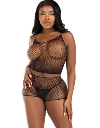 2 Pc Net Tank Top With Boy Shorts - One Size - Black