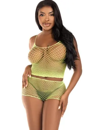 2 Pc Net Tank Top With Boy Shorts - One Size - Lime