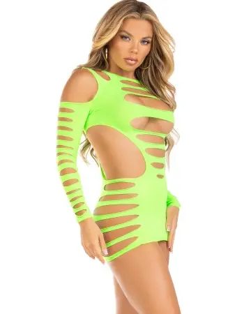 Opaque Shredded Cut Out Mini Dress - One Size - Neon Green