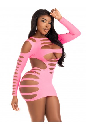 Opaque Shredded Cut Out Mini Dress - One Size - Neon Pink