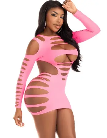 Opaque Shredded Cut Out Mini Dress - One Size - Neon Pink