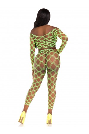 2 Pc Net Crop Top and Footless Tights - One Size - Neon Green