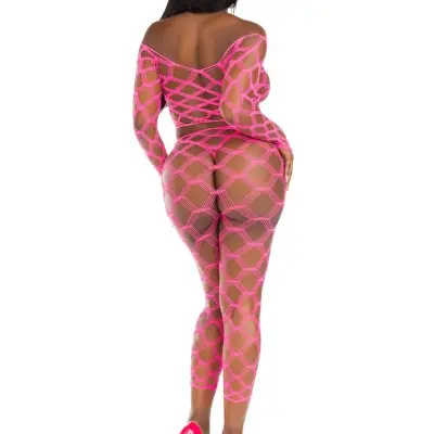 2 Pc Net Crop Top and Footless Tights - One Size - Neon Pink
