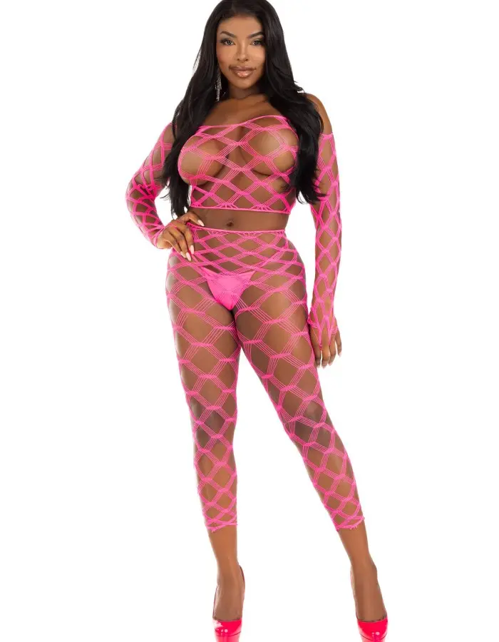 2 Pc Net Crop Top and Footless Tights - One Size - Neon Pink
