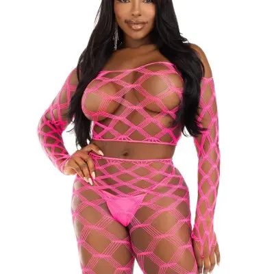 2 Pc Net Crop Top and Footless Tights - One Size - Neon Pink