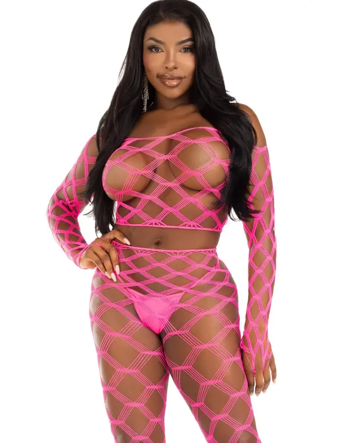 2 Pc Net Crop Top and Footless Tights - One Size - Neon Pink