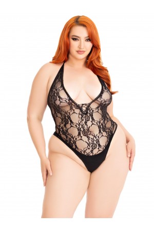 Floral Lace Deep-v Lace Up Teddy - 1x/2x - Black