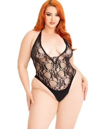 Floral Lace Deep-v Lace Up Teddy - 1x/2x - Black