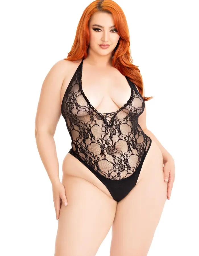Floral Lace Deep-v Lace Up Teddy - 1x/2x - Black