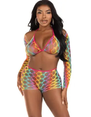 3 Pc Net Bra Top With Shrug and Boy Shorts - One Size - Multicolor