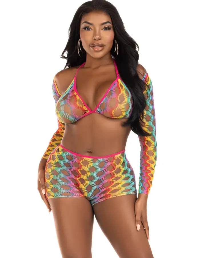 3 Pc Net Bra Top With Shrug and Boy Shorts - One Size - Multicolor