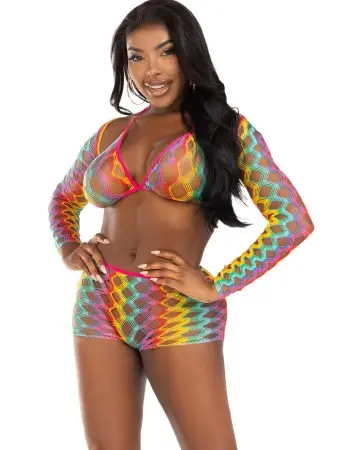 3 Pc Net Bra Top With Shrug and Boy Shorts - One Size - Multicolor