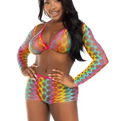 3 Pc Net Bra Top With Shrug and Boy Shorts - One Size - Multicolor