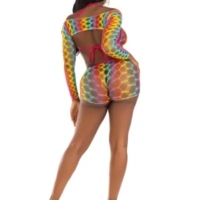 3 Pc Net Bra Top With Shrug and Boy Shorts - One Size - Multicolor