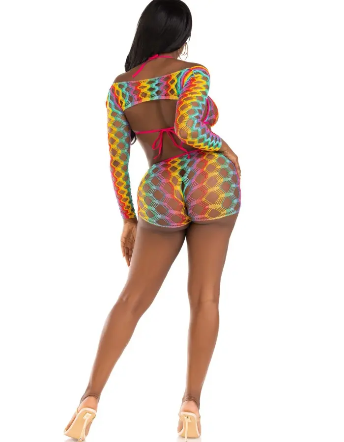 3 Pc Net Bra Top With Shrug and Boy Shorts - One Size - Multicolor