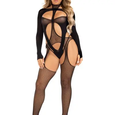2 Pc Fishnet Suspender Lingerie Jumpsuit and Layered Opaque Teddy O/s - Black