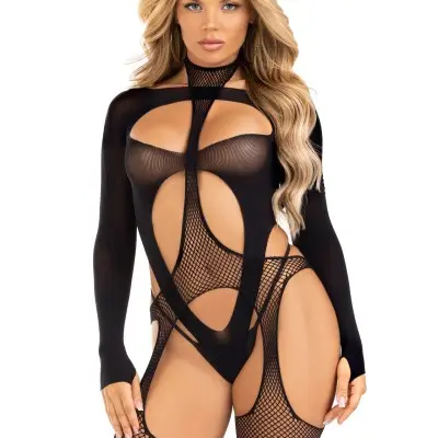 2 Pc Fishnet Suspender Lingerie Jumpsuit and Layered Opaque Teddy O/s - Black