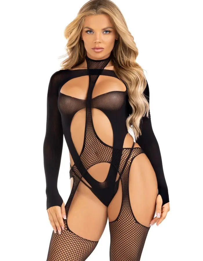 2 Pc Fishnet Suspender Lingerie Jumpsuit and Layered Opaque Teddy O/s - Black