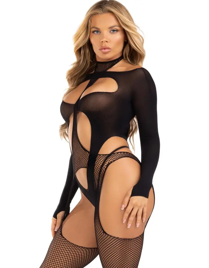 2 Pc Fishnet Suspender Lingerie Jumpsuit and Layered Opaque Teddy O/s - Black