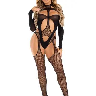 2 Pc Fishnet Suspender Lingerie Jumpsuit and Layered Opaque Teddy O/s - Black