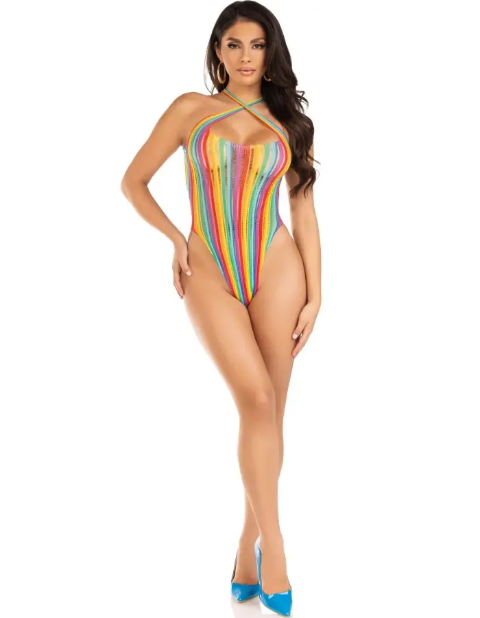 Rainbow Stripe Cross-Over Bodysuit - One Size - Multicolor