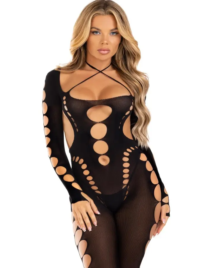 Opaque Cut Out Footless Bodystocking - One Size - Black