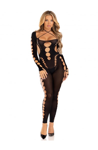 Opaque Cut Out Footless Bodystocking - One Size -  Black