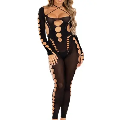 Opaque Cut Out Footless Bodystocking - One Size - Black
