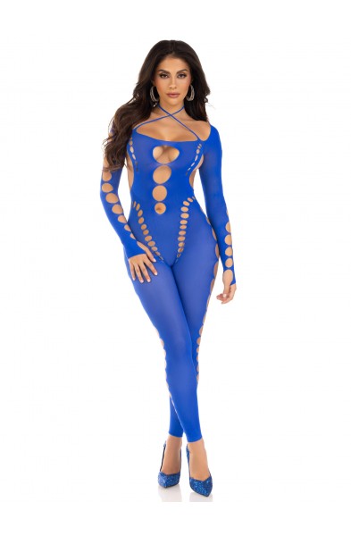 Opaque Cut Out Footless Bodystocking - One Size -  Royal Blue