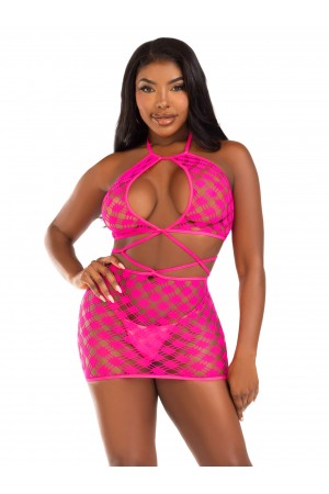 Keyhole Halter Hardcore Ney Mini Dress - One Size  - Neon Pink