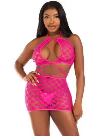 Keyhole Halter Hardcore Net Mini Dress - One Size - Neon Pink